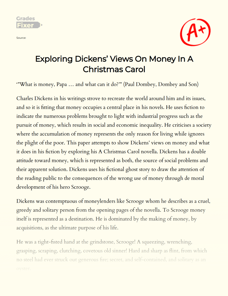 Exploring Dickens’ Views on Money in a Christmas Carol Essay