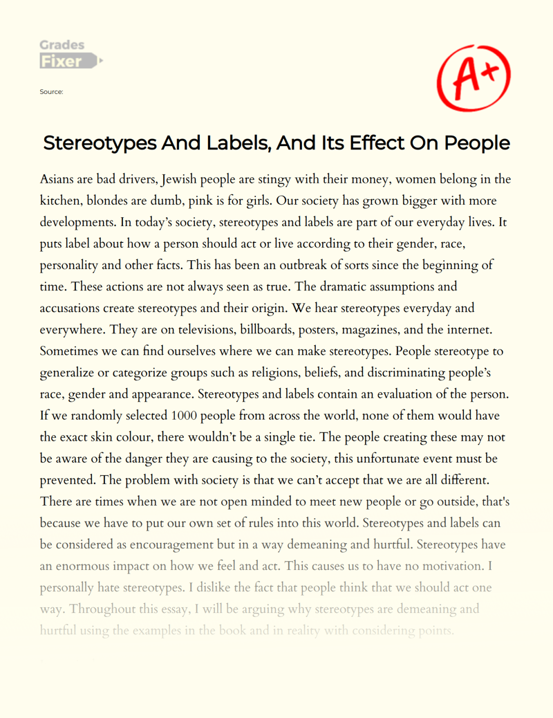 Stereotypes and Labels, and Its Effect on People Essay