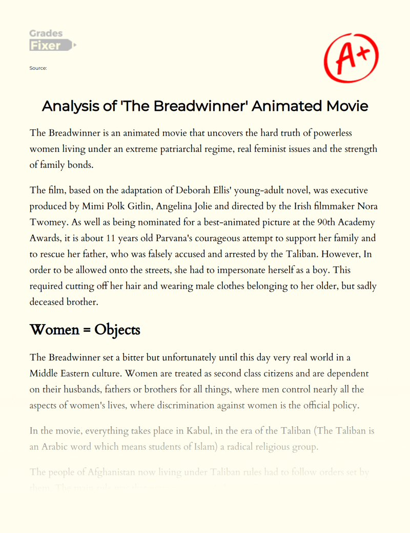 Analysis of 'The Breadwinner' Animated Movie Essay