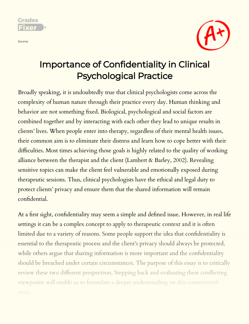 Importance of Confidentiality in Clinical Psychological Practice Essay