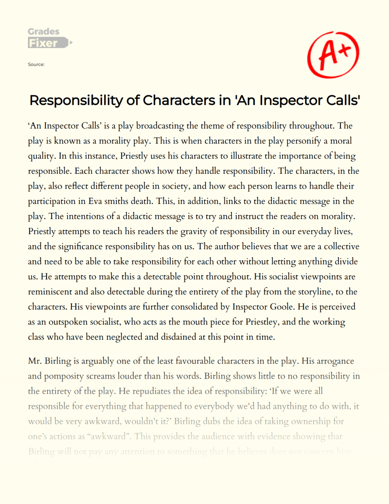 Responsibility of Characters in 'An Inspector Calls' Essay