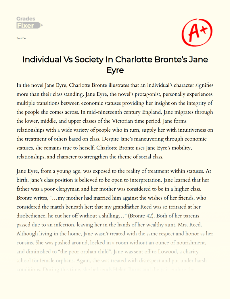 Individual Vs Society in Charlotte Bronte’s Jane Eyre Essay
