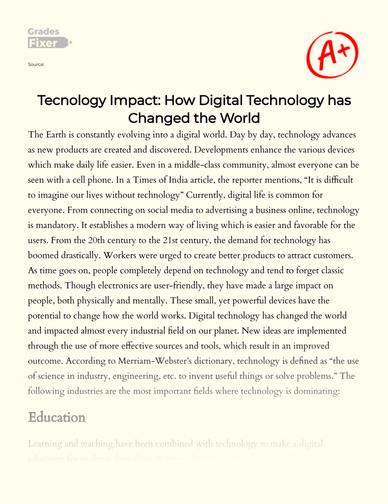 Tecnology Impact: How Digital Technology Has Changed The World Essay