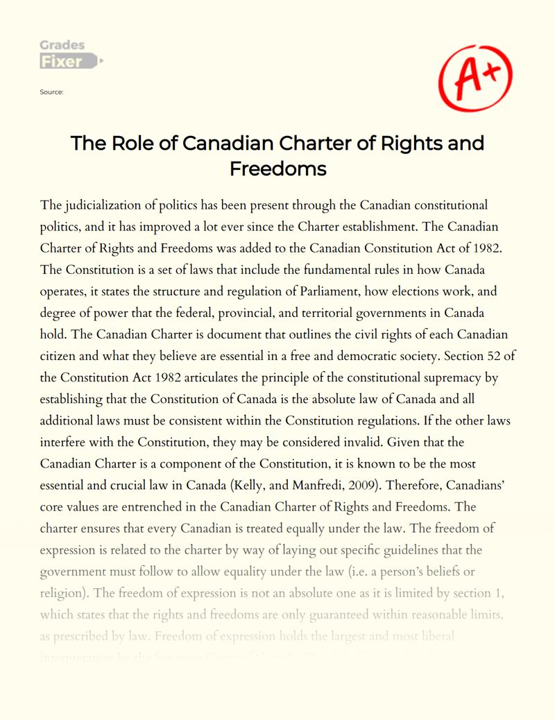 The Role of Canadian Charter of Rights and Freedoms Essay