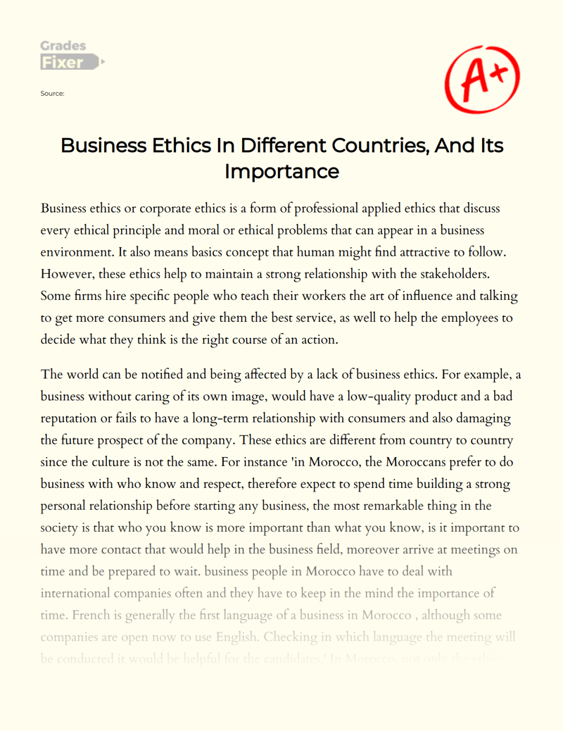 Business Ethics in Different Countries, and Its Importance Essay