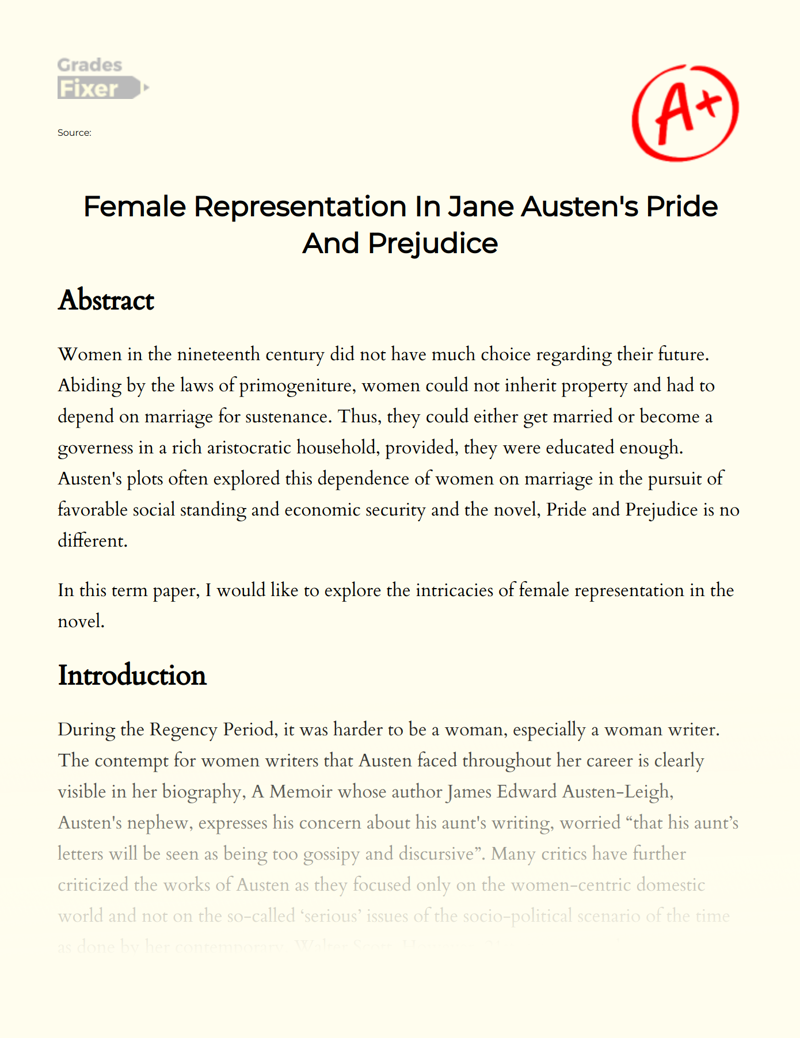 Female Representation in Jane Austen's Pride and Prejudice Essay