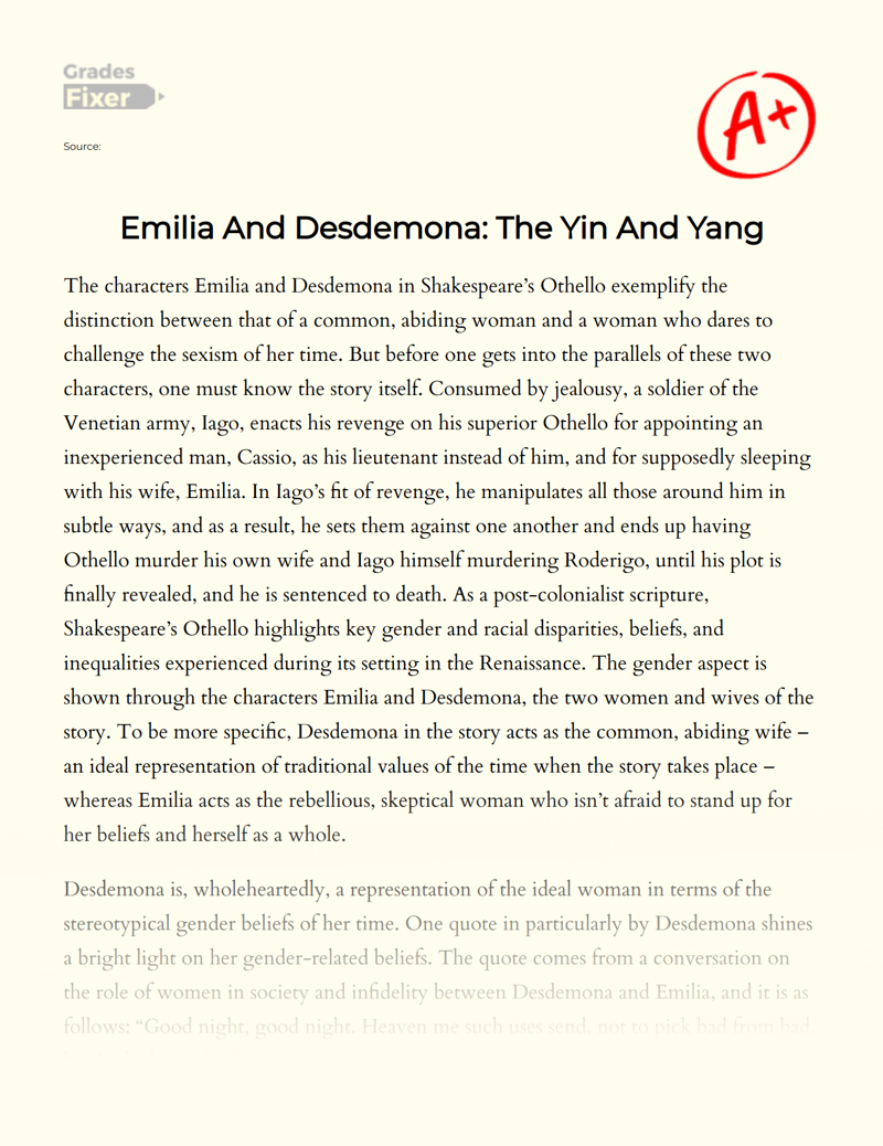 Emilia and Desdemona: The Yin and Yang Essay