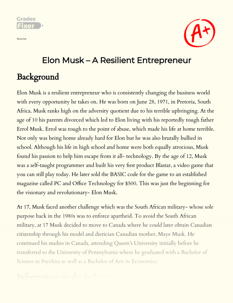 Elon Musk – a Resilient Entrepreneur Essay