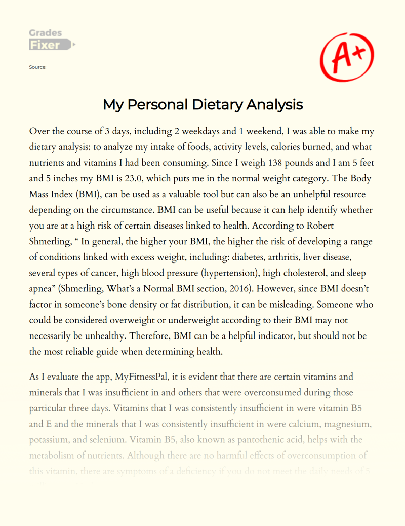 My Personal Dietary Analysis Essay
