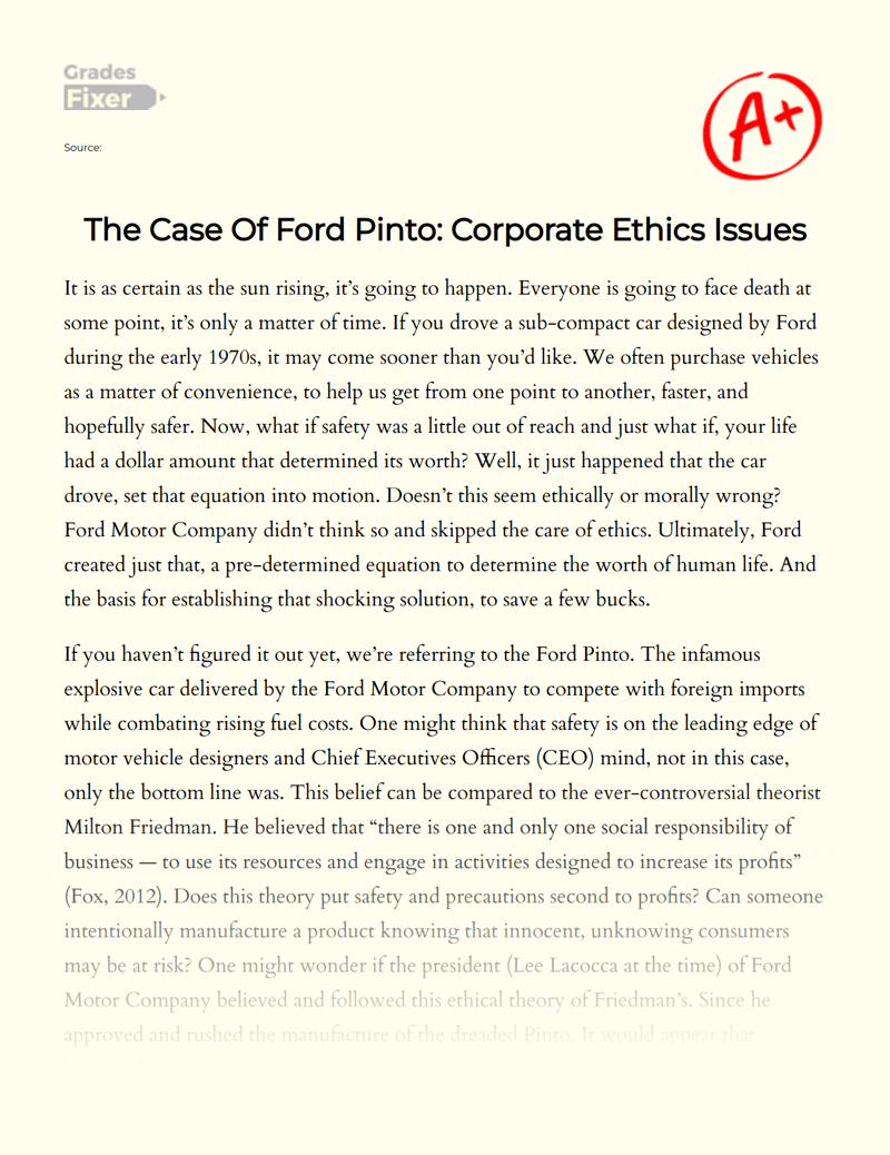 The Case of Ford Pinto: Corporate Ethics Issues Essay