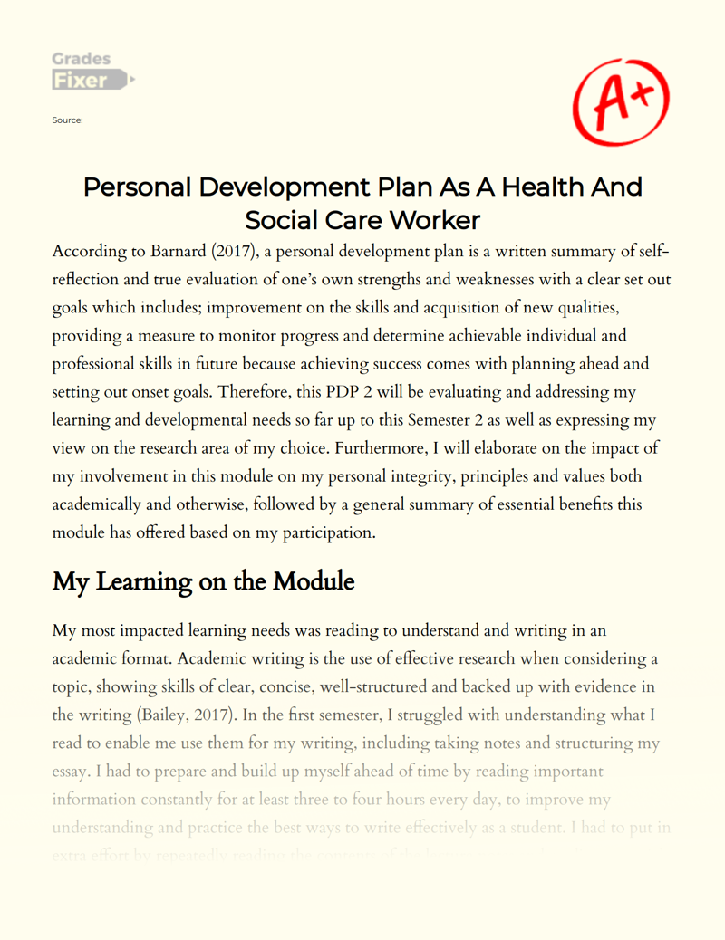 Personal Development Plan as a Health and Social Care Worker Essay