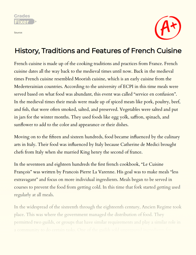 History, Traditions and Features of French Cuisine Essay