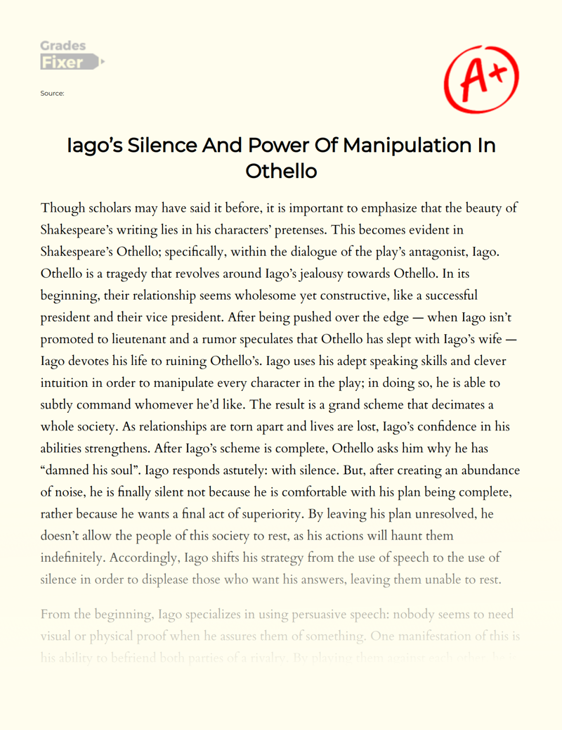 Iago’s Silence and Power of Manipulation in Othello Essay