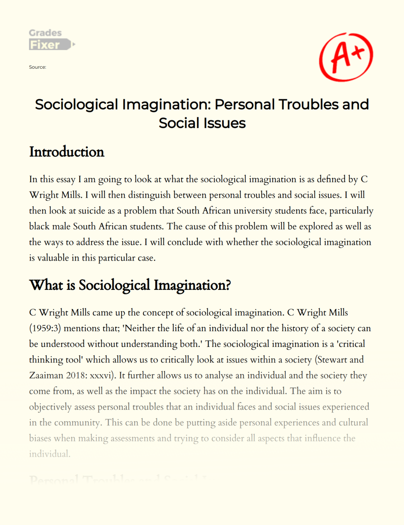 Sociological Imagination Personal Troubles And Social Issues Essay Example 1515 Words