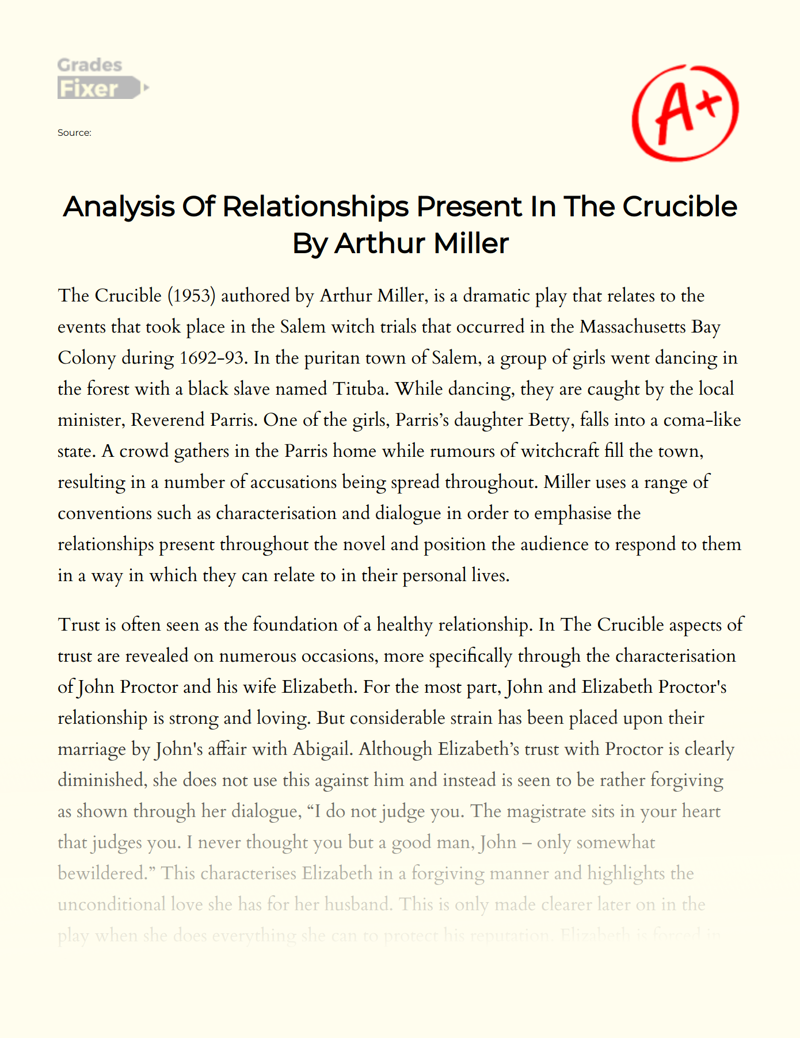 Analysis of Relationships Present in The Crucible by Arthur Miller Essay