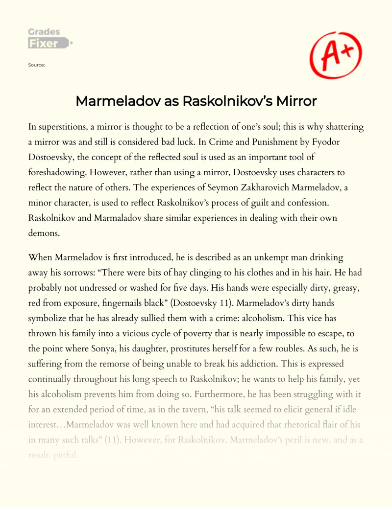 Marmeladov as Raskolnikov’s Mirror in Crime and Punishment Essay