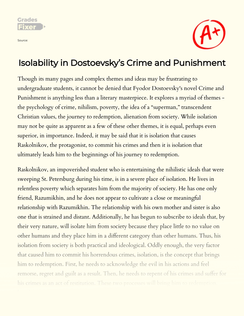 Isolability in Dostoevsky’s Crime and Punishment Essay