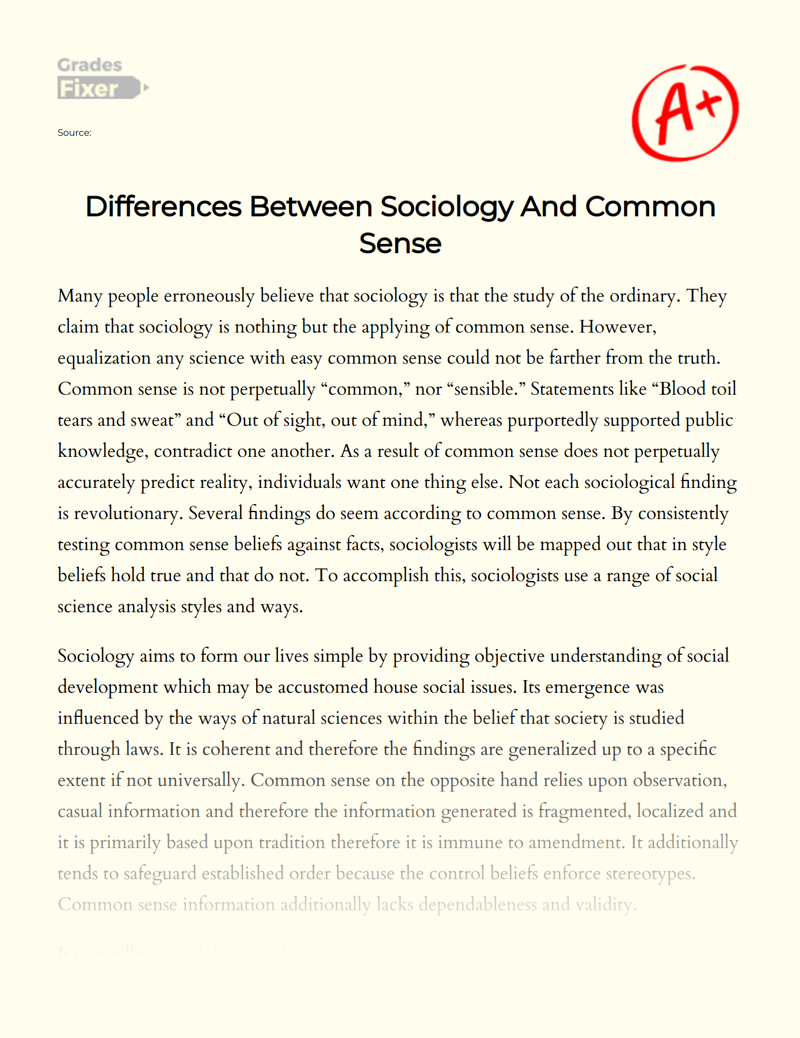 Differences Between Sociology and Common Sense Essay