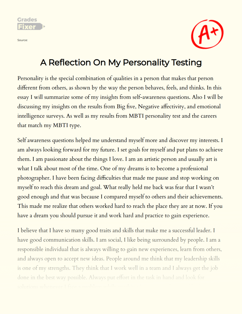 A Reflection on My Personality Testing Essay