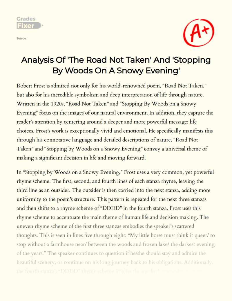Analysis of 'The Road not Taken' and 'Stopping by Woods on a Snowy Evening' Essay