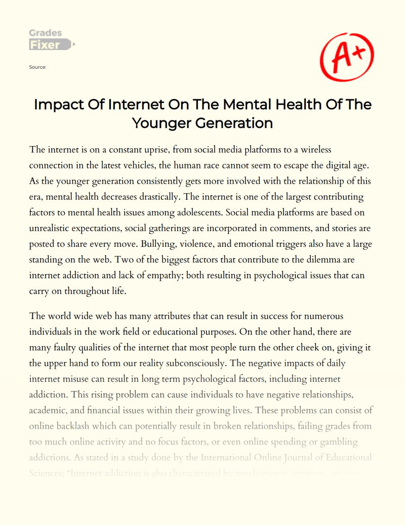 Impact of Internet on The Mental Health of The Younger Generation Essay