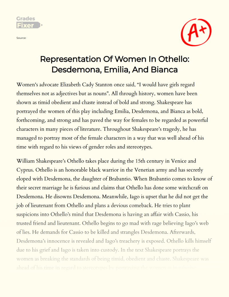 Representation of Women in Othello: Desdemona, Emilia, and Bianca Essay