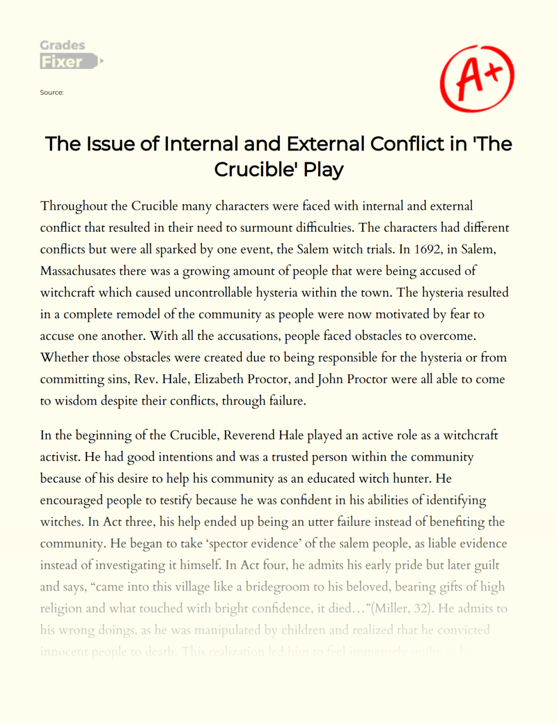 The Issue of Internal and External Conflict in 'The Crucible' Play Essay
