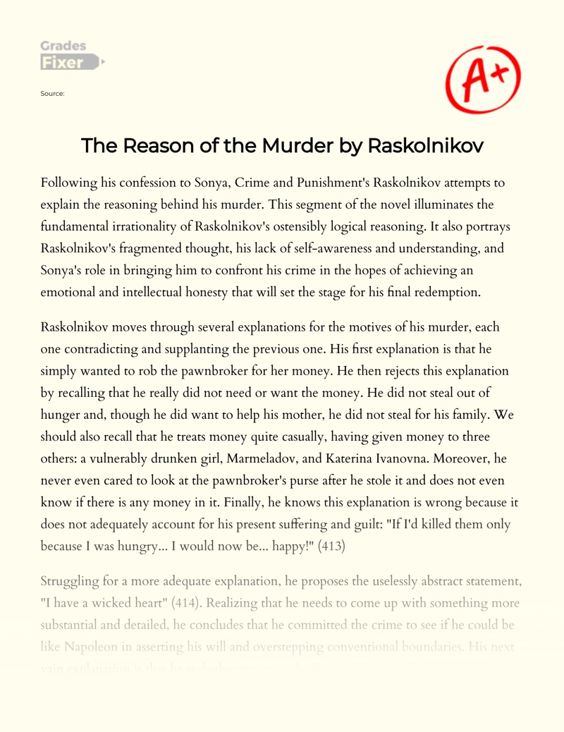 The Reason of The Murder by Raskolnikov Essay