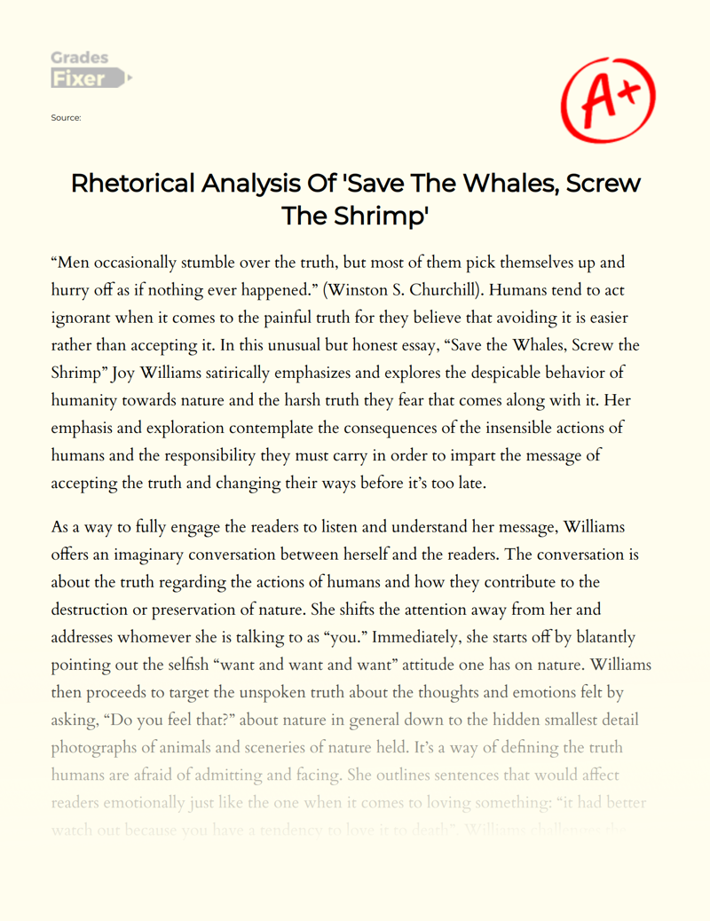 Rhetorical Analysis of 'Save The Whales, Screw The Shrimp' Essay