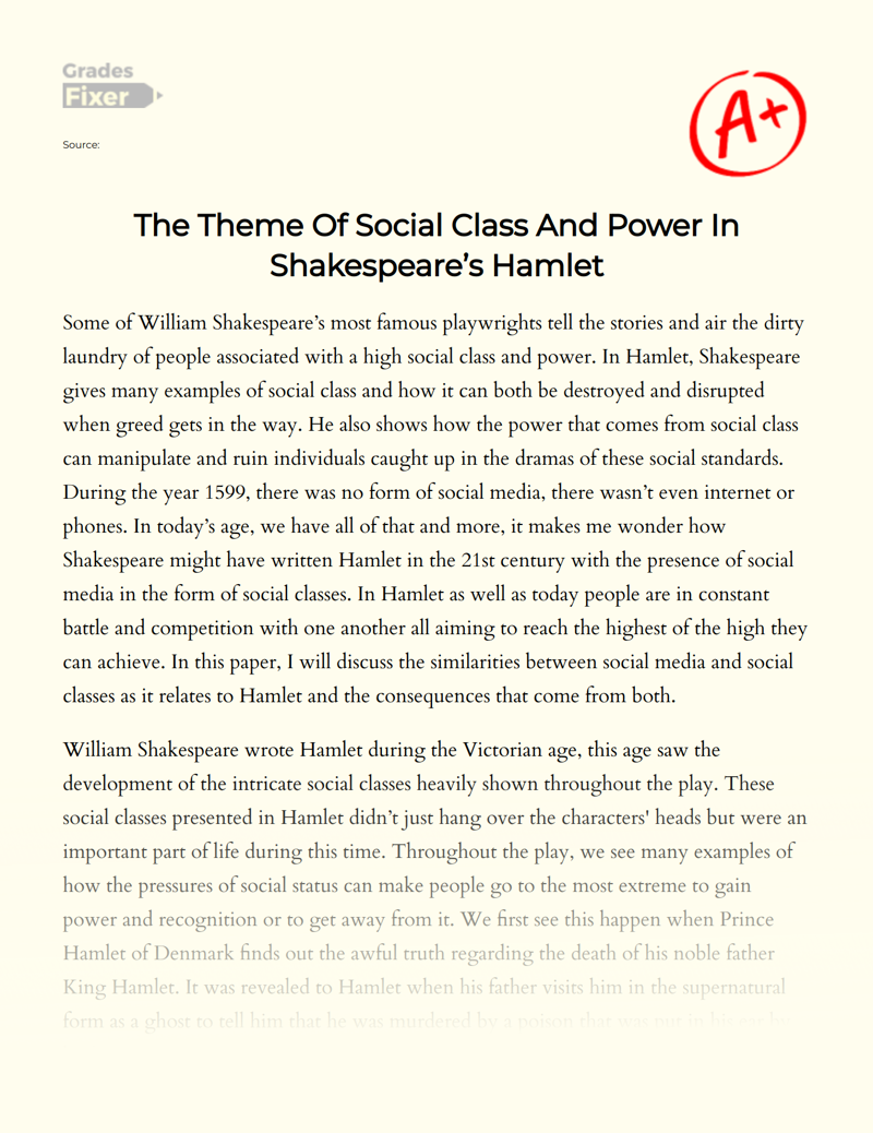 The Theme of Social Class and Power in Shakespeare’s Hamlet Essay