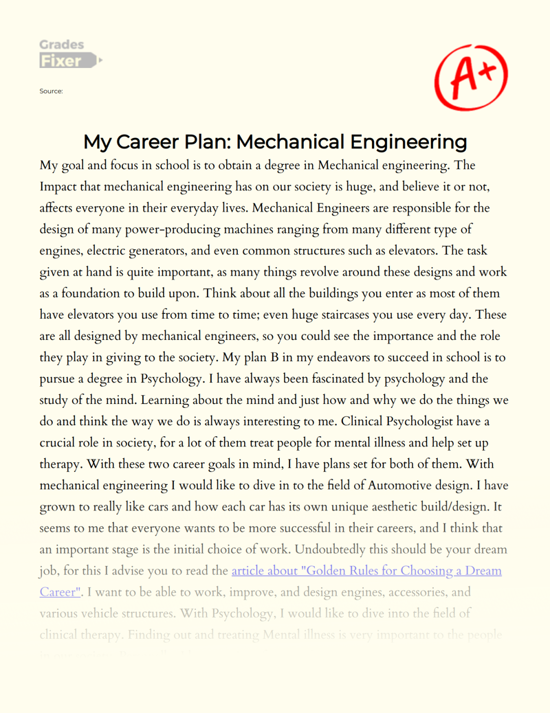 Mechanical Engineering: Career Goals and My Plan Essay