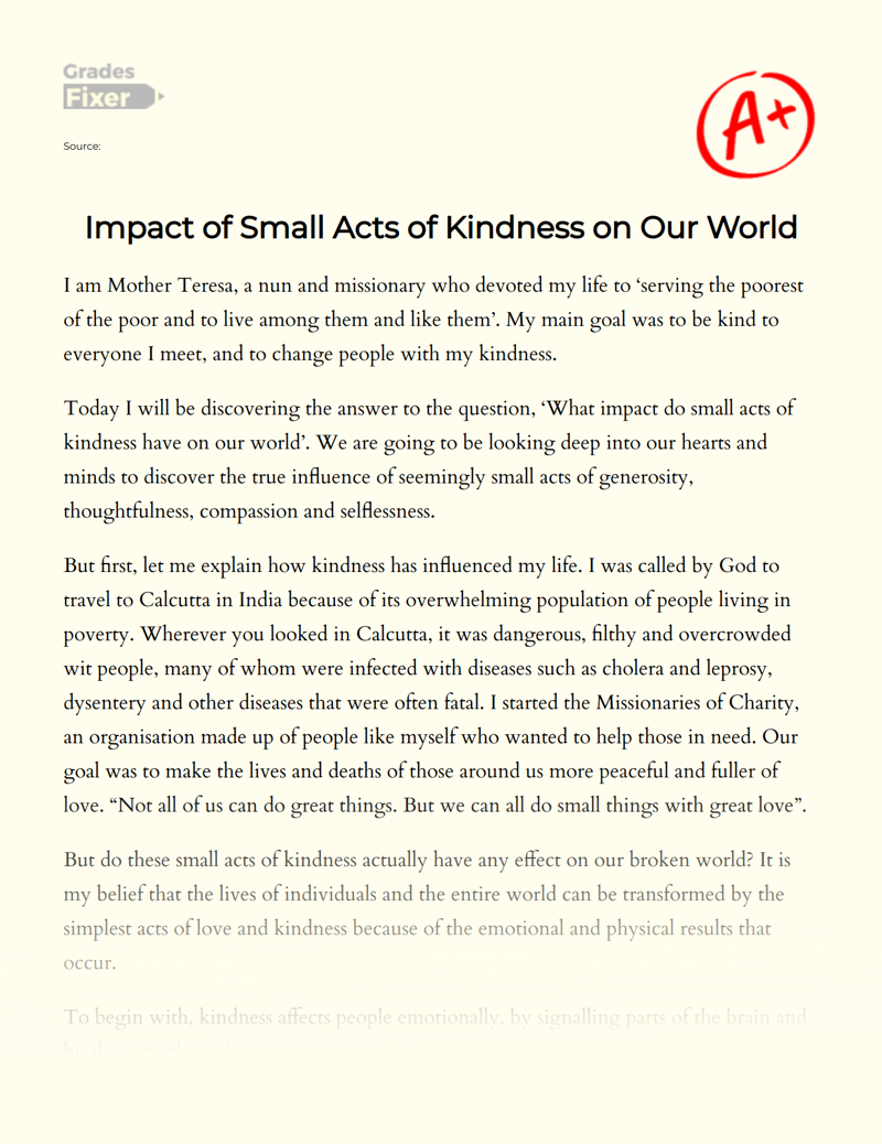 Impact of Small Acts of Kindness on Our World Essay