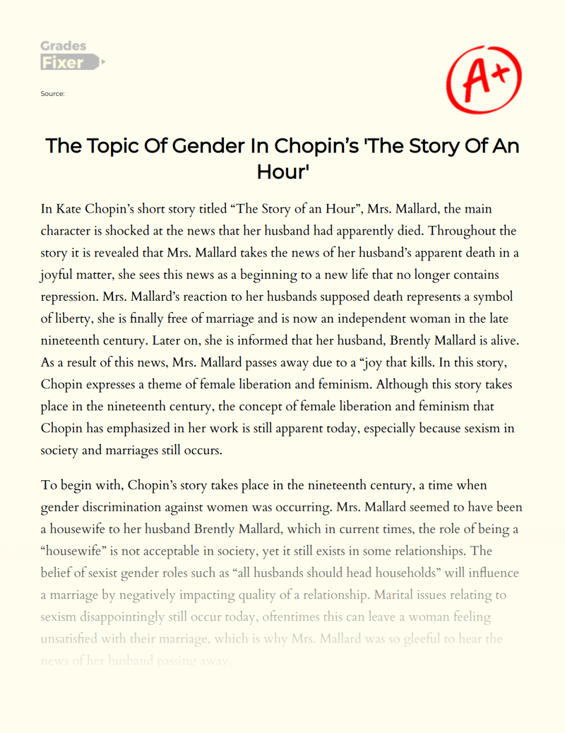 The Topic of Gender in Chopin’s 'The Story of an Hour' Essay