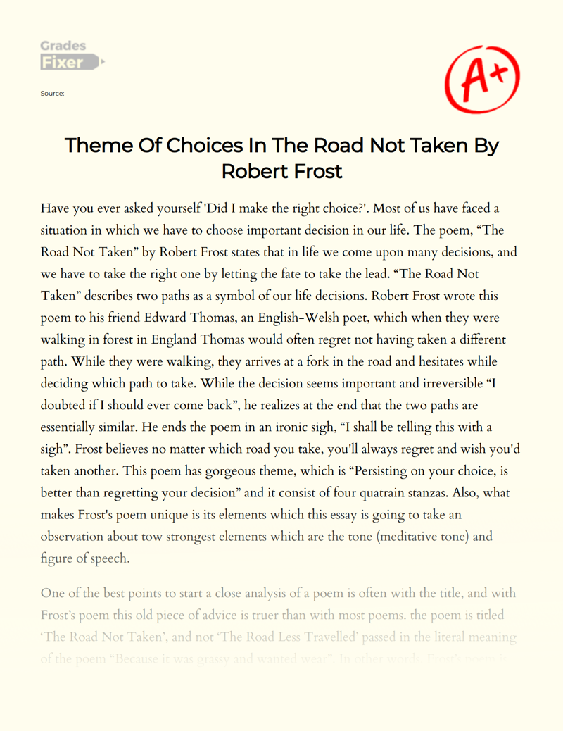 Theme of Choices in The Road not Taken by Robert Frost Essay