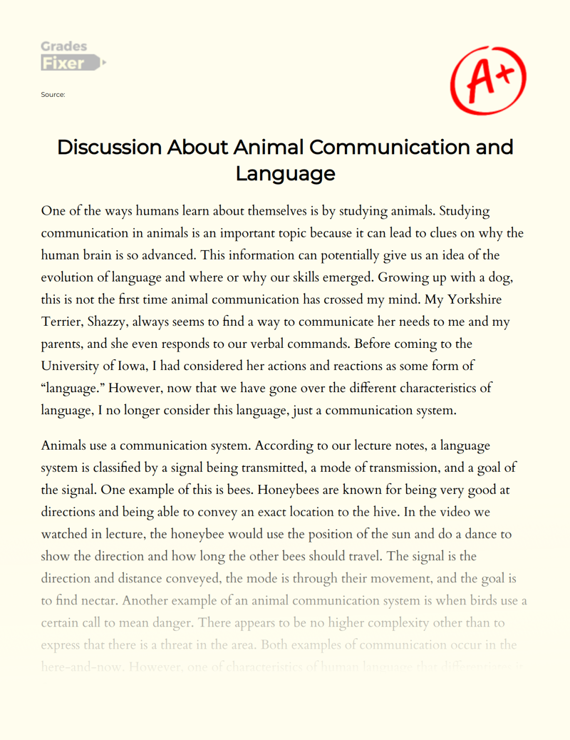 Discussion About Animal Communication and Language: [Essay Example], 1021  words GradesFixer