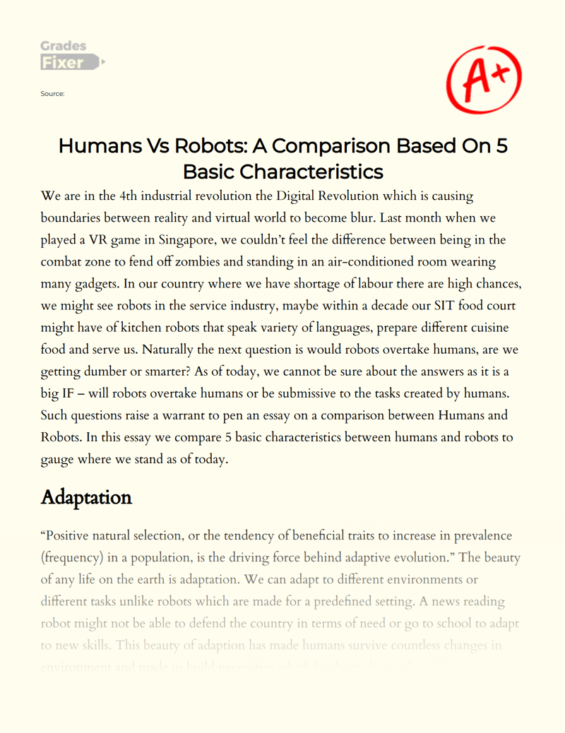 Humans Vs Robots: a Comparison Based on 5 Basic Characteristics Essay