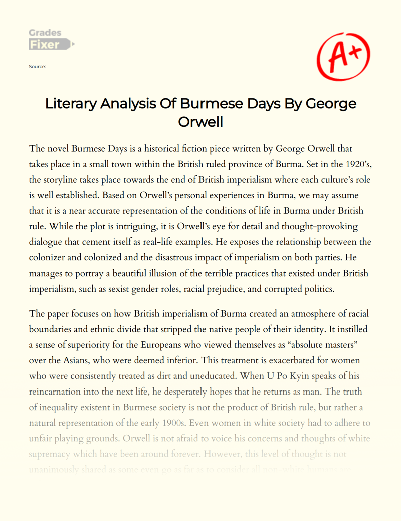 Literary Analysis of Burmese Days by George Orwell Essay
