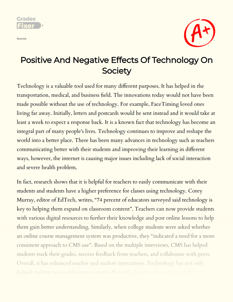 Positive And Negative Effects Of Technology On Society Essay Example 