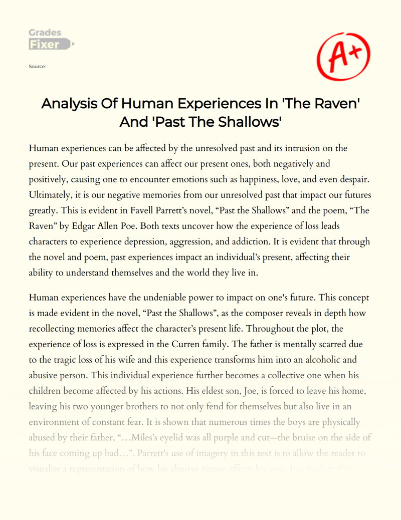 Analysis of Human Experiences in 'The Raven' and 'Past The Shallows' Essay