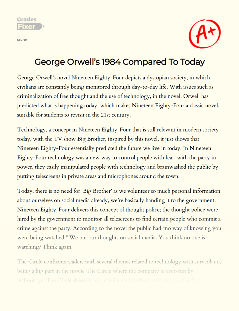 George Orwell’s 1984 Compared to Today Essay