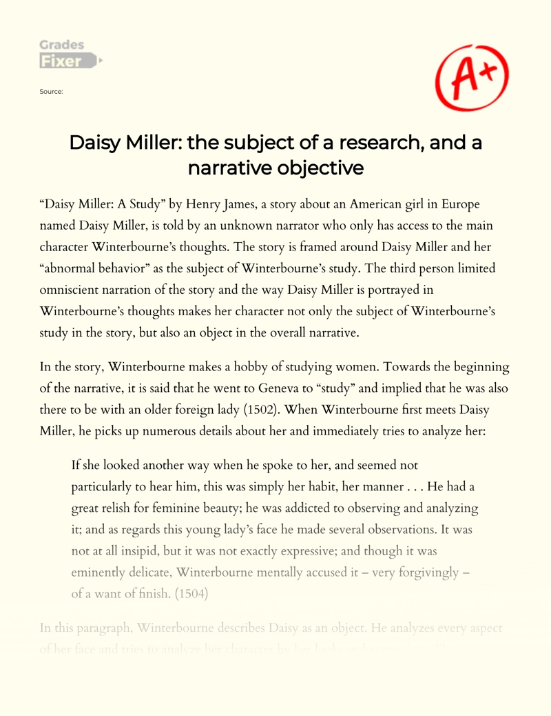 Daisy Miller: The Subject of a Research, and a Narrative Objective Essay