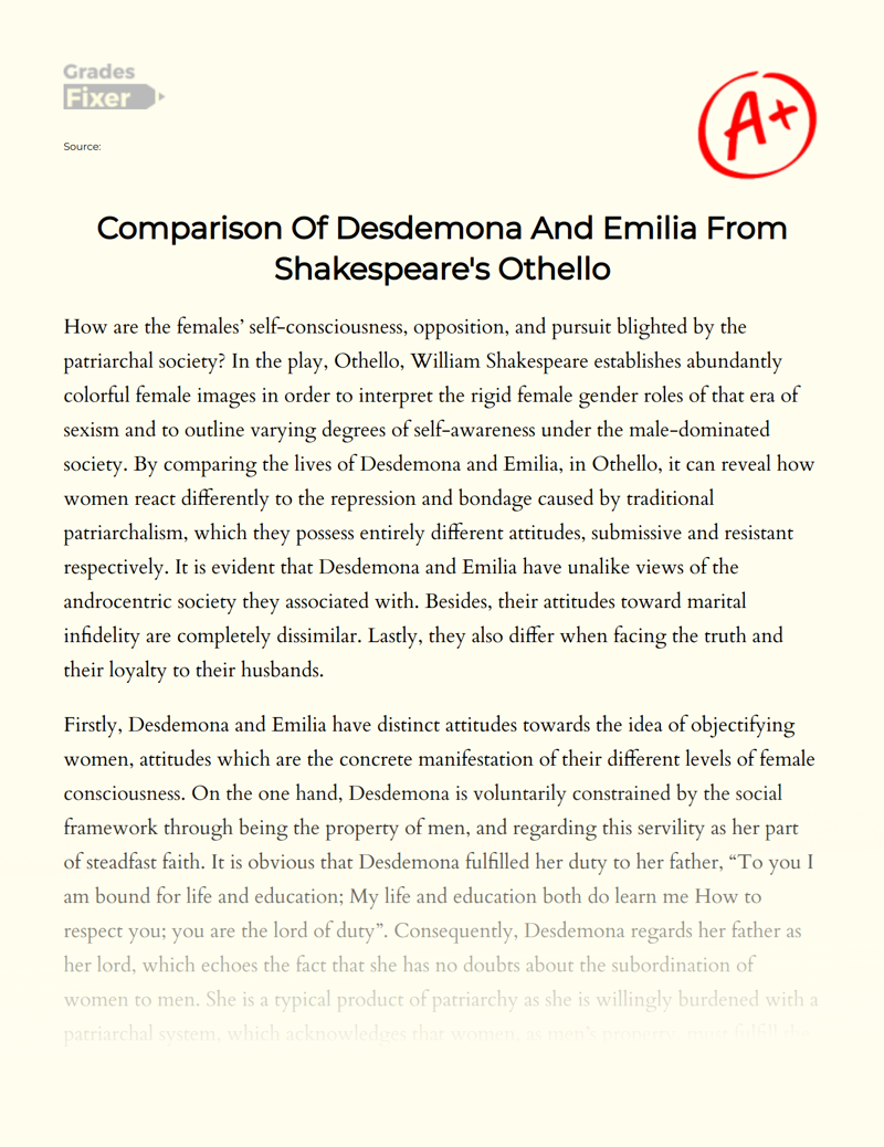 Comparison of Desdemona and Emilia from Shakespeare's Othello Essay