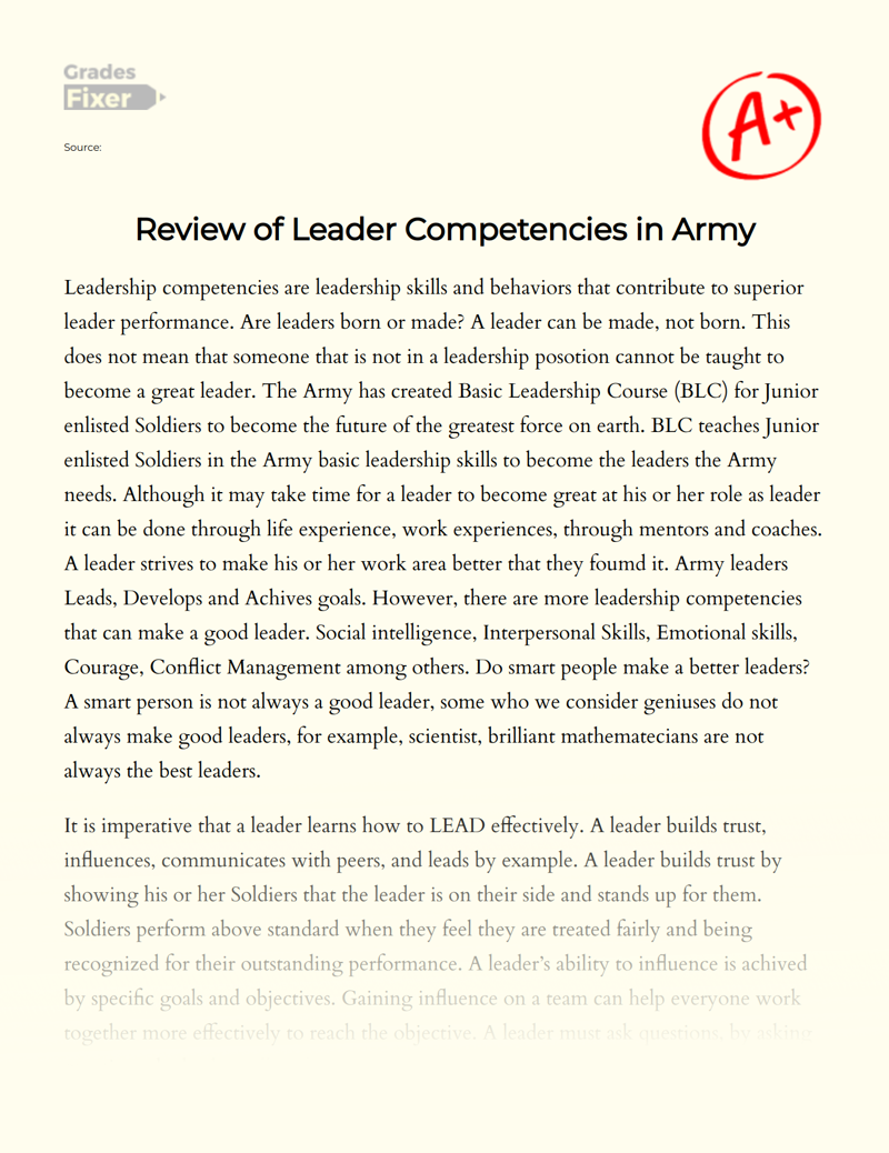 Review of Leader Competencies in Army Essay