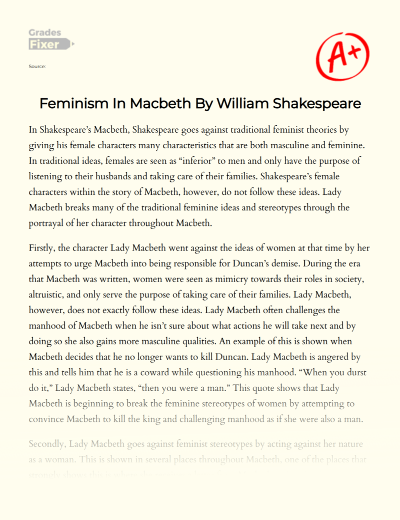 Feminism In Macbeth By William Shakespeare Essay Example 851 Words Gradesfixer