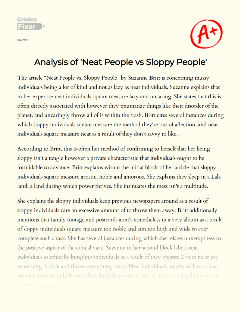 Analysis of 'Neat People Vs Sloppy People' Essay
