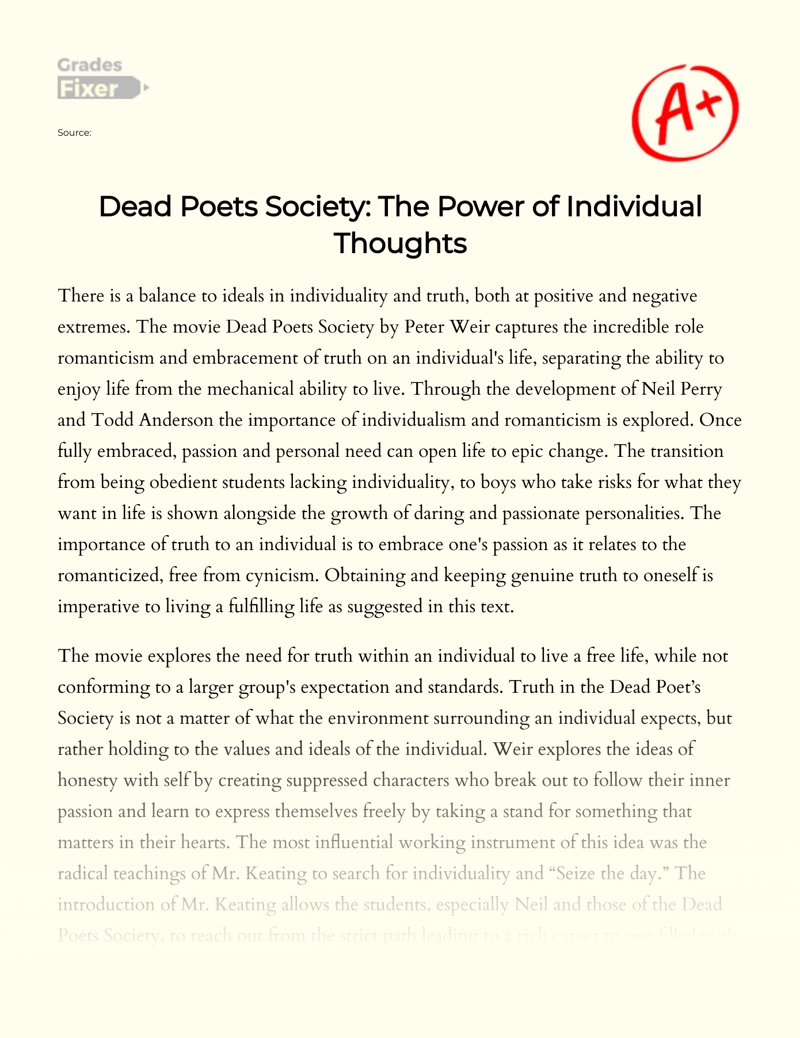 Dead Poets Society: The Power of Individual Thoughts Essay