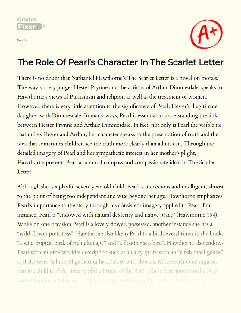 The Role of Pearl’s Character in The Scarlet Letter Essay