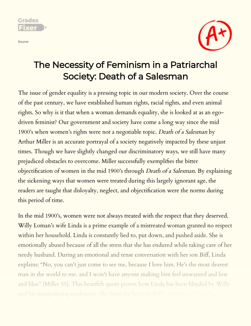 The Necessity of Feminism in a Patriarchal Society: Death of a Salesman Essay