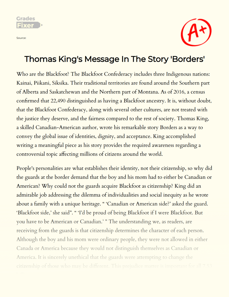 Thomas King's Message in The Story 'Borders' Essay