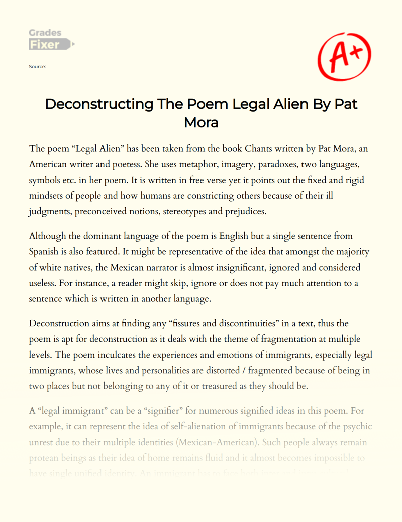 Deconstructing The Poem Legal Alien by Pat Mora Essay